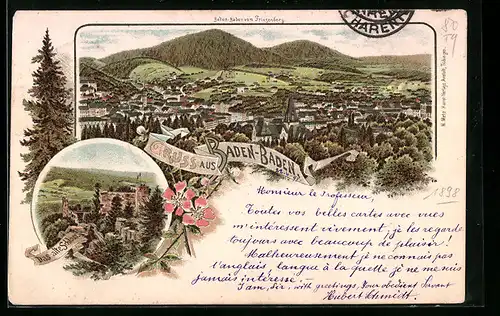 Lithographie Baden-Baden, Ortsansicht vom Friesenberg aus, Das alte Schloss