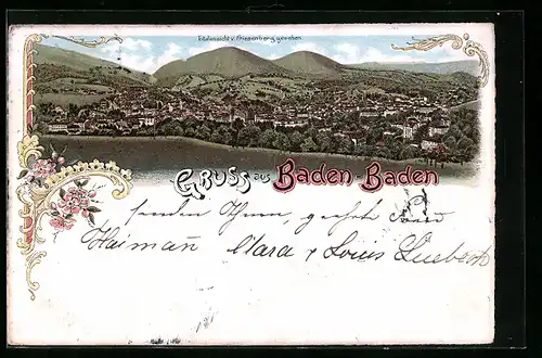 Lithographie Baden-Baden, Totalansicht v. Friesenberg aus