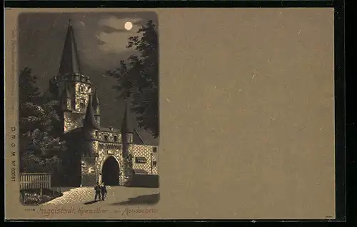 Lithographie Ingolstadt, Kreuzthor im Mondschein