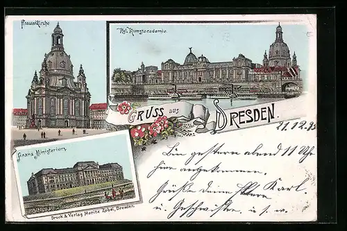 Vorläufer-Lithographie Dresden, 1895, Frauenkirche, Finanz-Ministerium, Kgl. Kunstacademie