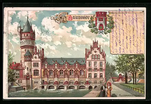 Lithographie Hannover, Blick auf Flusswasserkunst, Wappen