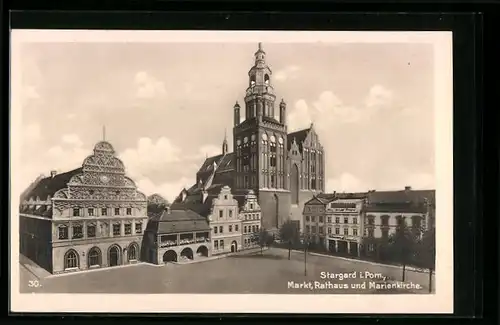 AK Stargard, Markt, Rathaus und Marienkirche