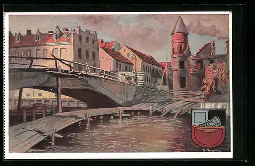 Künstler-AK Johannisburg, Die zerstörte Piesskebrücke, Wappen mit Kopf auf Teller