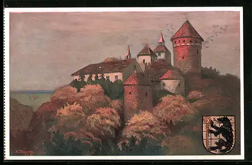Künstler-AK Rössel, Blick auf Burg und Pfarrkirche, Wappen