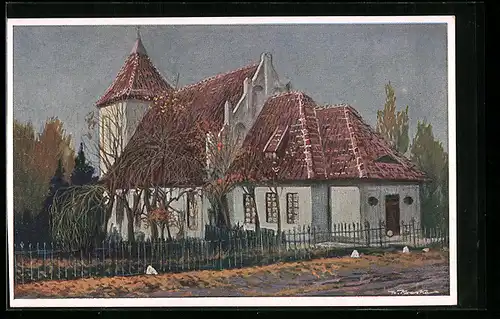 Künstler-AK Narzym, Pfarrkirche von der Strasse gesehen