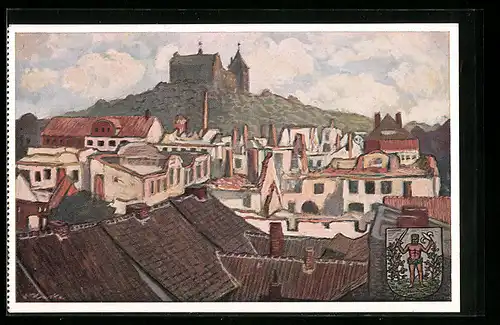 Künstler-AK Neidenburg, Teilansicht mit Ordensschloss und Trümmern, Wappen