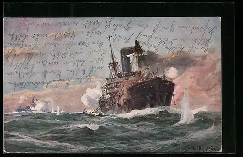 Künstler-AK Willy Stoewer: Deutsches U-Boot im Gefecht mit einem bewaffneten Handelsdampfer im Sperrgebiet