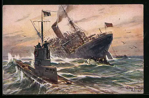 Künstler-AK Willy Stoewer: Vernichtung eines englischen Handelsdampfers durch ein deutsches Unterseeboot