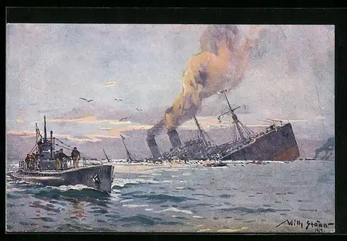 Künstler-AK Willy Stoewer: Versenkung eines feindlichen Truppentransportdampfers durch deutsches U-Boot im Mittelmeer