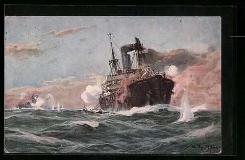 Künstler-AK Willy Stoewer: Deutsches U-Boot im Gefecht mit einem bewaffneten Handelsdampfer im Sperrgebiet