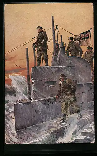 Künstler-AK Willy Stoewer: Deutsche Soldaten mit Reichskriegsflagge auf U-Boot