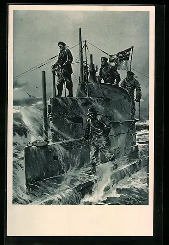 Künstler-AK Willy Stoewer: U-Boot mit Soldaten und Reichskriegsflagge