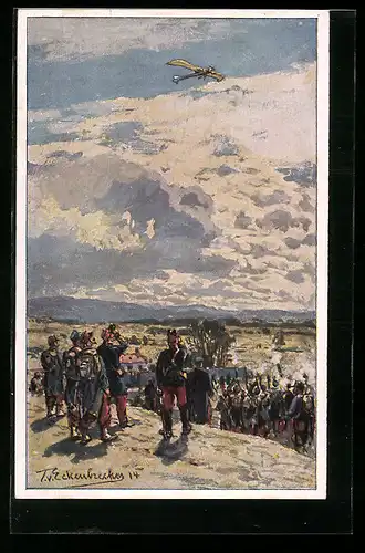 Künstler-AK Themistokles von Eckenbrecher: Soldaten beschiessen Flugzeug