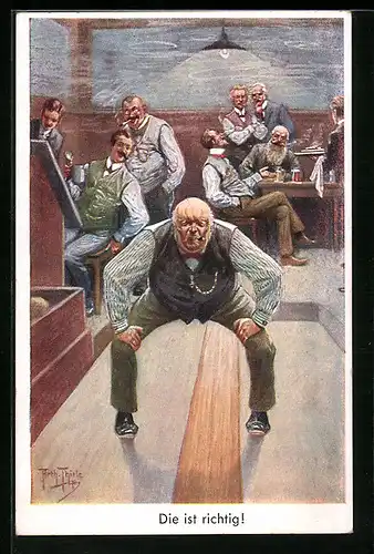 Künstler-AK Arthur Thiele: Konzentriert mit Zigarre auf der Kegelbahn