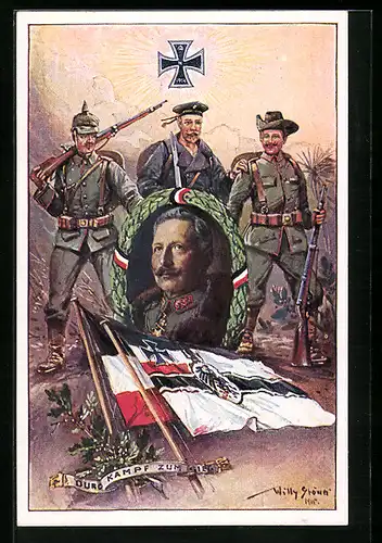 Künstler-AK Willy Stoewer: Kaiser Wilhelm II., Soldat in Uniform, Matrose und Soldat der Schutztuppe