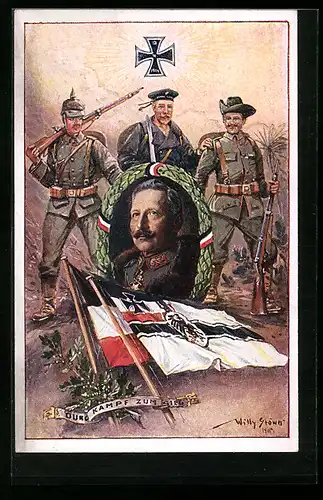 Künstler-AK Willy Stoewer: Kaiser Wilhelm II. mit Eisernem Kreuz und Soldat der Schutztruppe