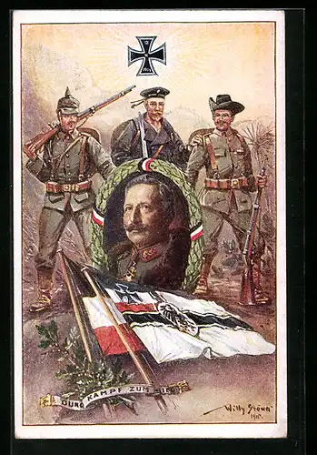 Künstler-AK Willy Stoewer: Reichflagge mit Kaiser Wilhelm II. und Soldat der Schutztruppe