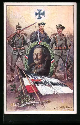 Künstler-AK Willy Stoewer: Reichskriegsflagge und Eisernes Kreuz, Kaiser Wilhelm II, Soldat der Schutztruppe