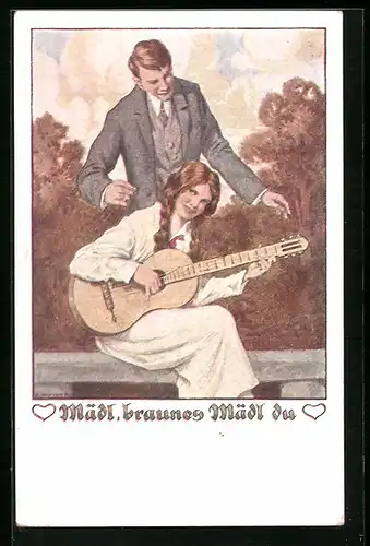 Künstler-AK Ernst Kutzer: Mädl beim Gitarre spielen