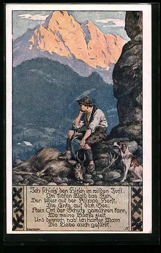 Künstler-AK Ernst Kutzer: Jäger mit totem Hirsch