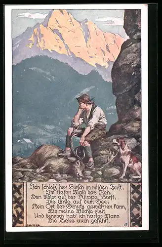Künstler-AK Ernst Kutzer: Jäger mit erlegtem Hirsch