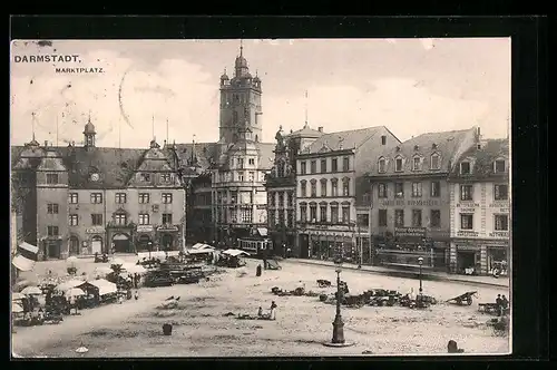 AK Darmstadt, Marktplatz mit Verkäufern