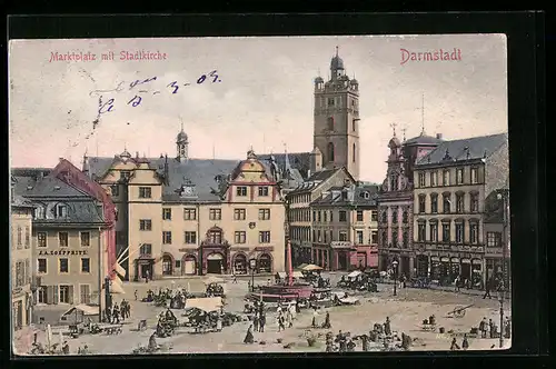 AK Darmstadt, Marktplatz mit Stadtkirche