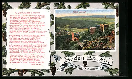 AK Baden-Baden, Blick auf Altes Schloss, Gedicht