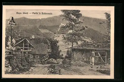 Künstler-AK Bodenmais /Bayr. Wald, Ortspartie mit Wald