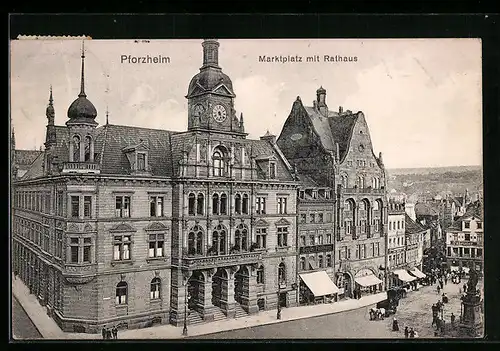 AK Pforzheim, Marktplatz mit Rathaus