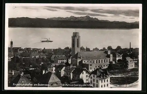 AK Friedrichshafen am Bodensee, Teilansicht mit St. Petrus Canisiuskirche, Dampfer