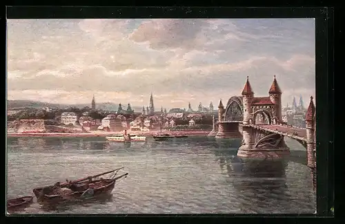 Künstler-AK Bonn, Rheinbrücke mit Dampfer