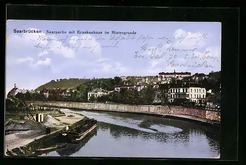 AK Saarbrücken, Saarpartie mit Krankenhaus im Hintergrunde