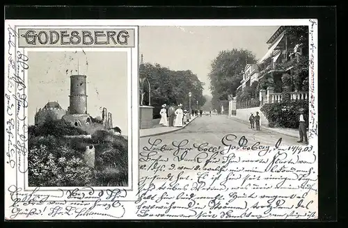 AK Godesberg, Kaiserstrasse mit Passanten, Ruine
