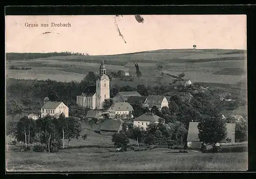 AK Drebach, Ortspartie mit Kirche