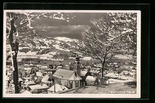 AK Sonthofen, Teilansicht mit Kirche im Schnee
