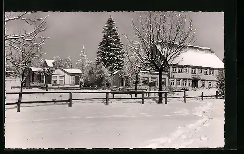 AK Hahnenklee-Bocksweise /Oberharz, Hotel-Pension Cafe Sonnenschein im Schnee