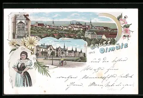 Lithographie Olomouce / Olmütz, Gesamtansicht, Frau in Tracht, Kunstuhr, Neues Villenviertel