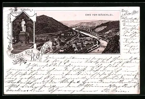 Vorläufer-Lithographie Bad Ems, 1894, Teilansicht, Kaiser Wilhelm I. Denkmal
