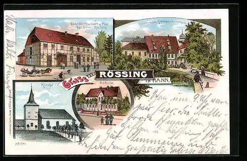 Lithographie Rössing i. Hann, Gastwirtschaft zur Post, Kirche, Schule, Rittergut Herrenhaus