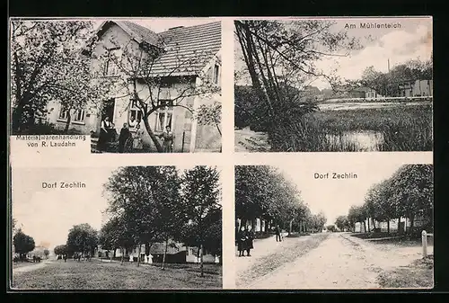 AK Zechlin, Materialwarenhandlung von R. Laudahn, Am Mühlenteich, Strassenpartie im Dorf