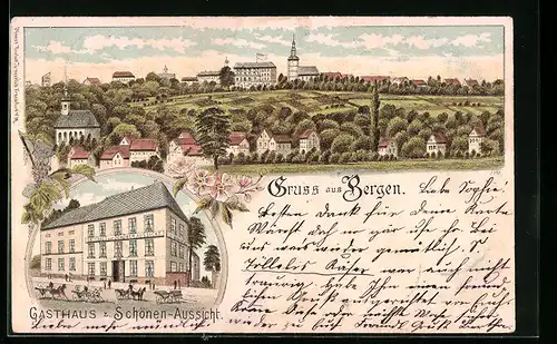 Lithographie Frankfurt-Bergen, Gasthaus zur Schönen Aussicht, Gesamtansicht