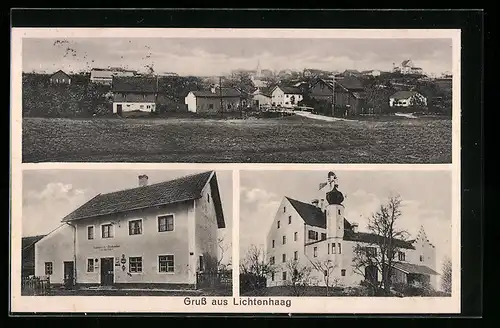 AK Lichtenhaag, Kolonialwarenhandlung Mitterhuber, Gesamtansicht, Kirche