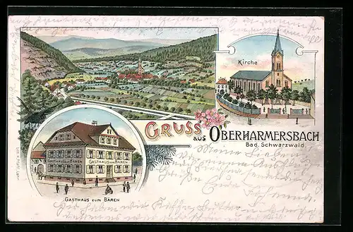 Lithographie Oberharmersbach, Gasthaus zum Bären, Teilansicht, Kirche