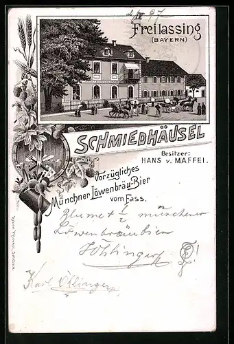 Lithographie Freilassing / Bayern, Gasthaus Schmiedhäusel, Inh. Hans v. Maffei