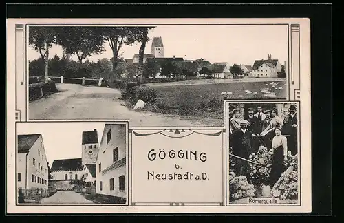 AK Gögging bei Neustadt a. D., Strasse mit Ortsblick, Ortspartie mit Kirche, Römerquelle