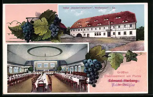 AK Waltersdorf /Sa., Hotel Niederkretscham P. Stähler mit Saal, Weintrauben