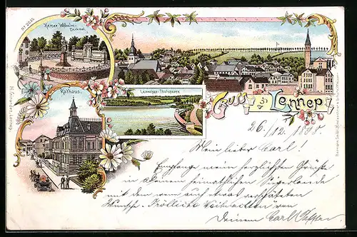 Lithographie Lennep, Thalsperre, Ortsansicht, Rathaus mit Strasse