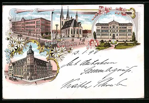 Lithographie Cöthen /Anh., Technikum, Seminar, Kirche mit Kriegerdenkmal