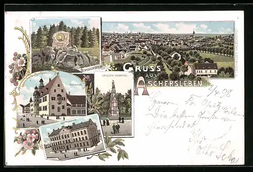 Lithographie Aschersleben, Gamnasium, Bismarckstein, Krieger-Denkmal, Ortsansicht aus der Vogelschau